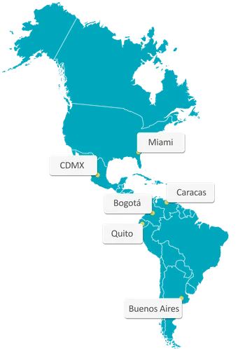 Miami, CDMX, Caracas, Bogotá, Quito, Buenos Aires